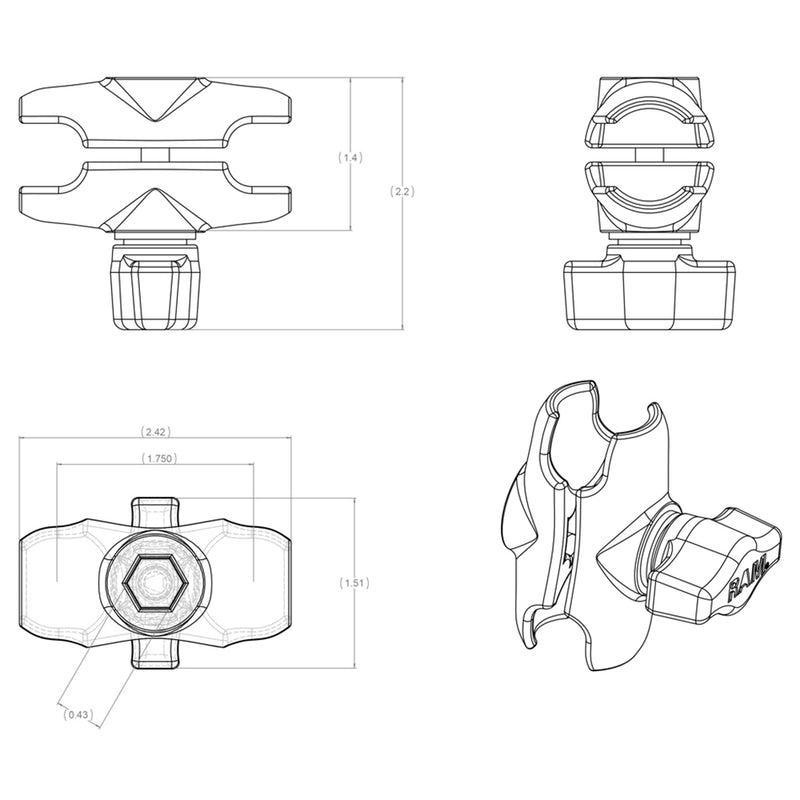 RAM MOUNT SHORT DOUBLE SOCKET ARM F/1" BALL BASES RAM-B-201U-A [並行輸入品]